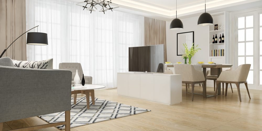 3d rendering modern dining room and living room with luxury decor